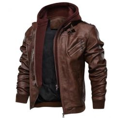 Men PU Leather Zipper Hooded Jacket